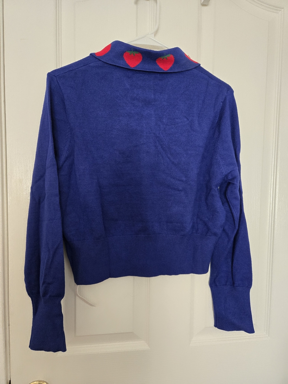 Lisa Says Gah Royal Blue Cardigan with Red Strawberry Accents - Picture 2 of 3